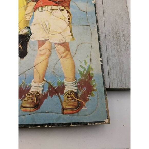Vintage Jigsaw Puzzle Tray 11 1/4"x14 3/4" Girl Boy Dog Missing 1 Piece - Picture 4 of 6